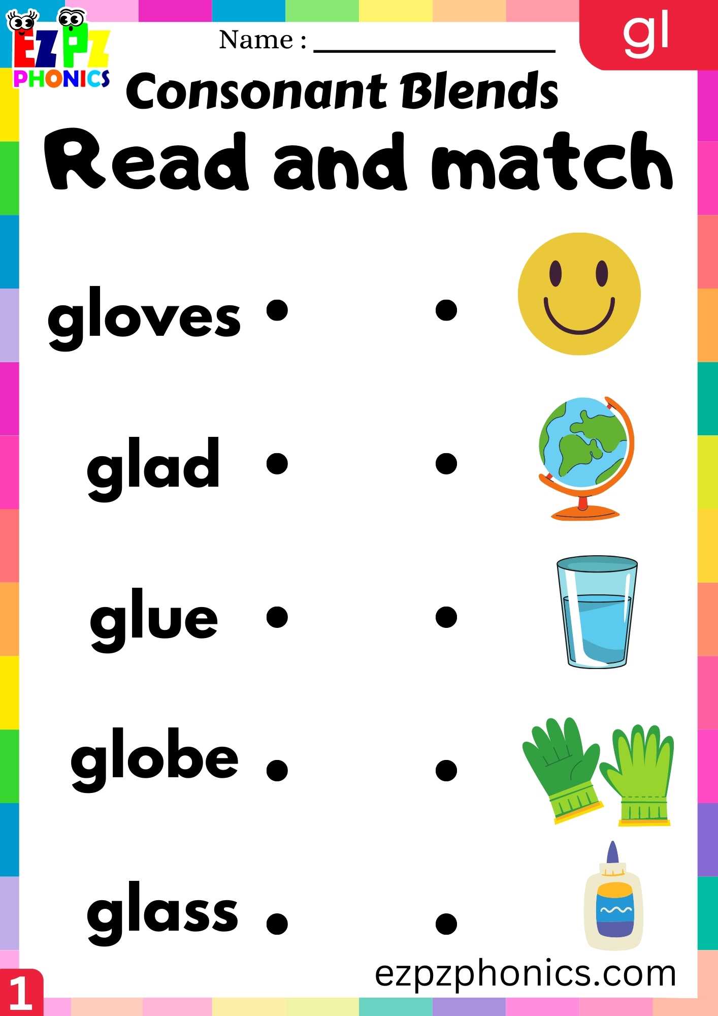 Group1 GL Words Read And Match Phonics Consonant Blends Worksheet